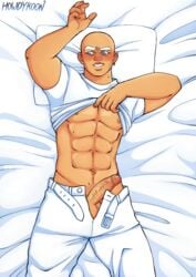 1boy abs bald bed_sheets belt blue_eyes blush circumcised clothed ear_piercing eight_pack erect_nipples erection exposed_nipples fit gay howdychan lying_on_back male meme mr._clean muscular_male no_underwear on_bed open_belt pecs penis penis_out pillow sheets shirt_up six_pack solo sweatdrop tanned toned_male top_lift uncensored undressing unzipped_pants veiny_penis white_clothing white_pants white_shirt