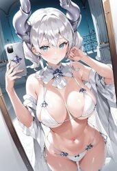 ai_generated bra breasts cellphone curvy demon demon_girl duel_monster earrings female hips huge_breasts labrynth_of_the_silver_castle lovely_labrynth_of_the_silver_castle navel pose selfie shulk781 silver_eyes smile twintails underwear white_hair yu-gi-oh!