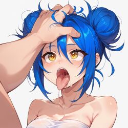 1boy 1girls ai_generated blue_frog blue_hair double_bun hair_buns head_grab open_mouth saliva saliva_trail tongue_out towel towel_only yellow_eyes