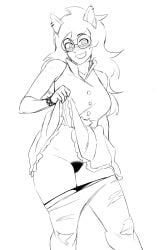 1girls blush dog_ears dog_tail dress dress_lift female female female_focus female_only glasses headgear headwear homestuck ilovedoggirls jade_harley monochrome presenting pubic_hair sketch solo solo_female stripping tail