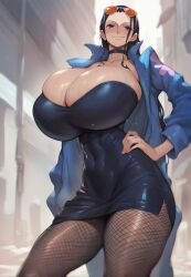 ai_generated bare_legs black_hair blue_eyes breasts_bigger_than_head dress female female_only fishnets ganggang gigantic_breasts huge_breasts huge_thighs light-skinned_female light_skin long_hair looking_at_viewer massive_breasts nico_robin one_piece pantyhose post-timeskip shounen_jump smiling solo_female squatting sunglasses sunglasses_on_head sweat sweatdrop thick_body thick_female thick_thighs thighs voluptuous voluptuous_female