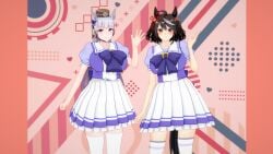 2girls 3d animal_ears black_hair gold_ship_(umamusume) hair_ribbon horse_girl huge_breasts kitasan_black_(umamusume) koikatsu long_hair mike_oxlong pink_eyes red_eyes school_uniform short_hair thighhighs umamusume white_hair