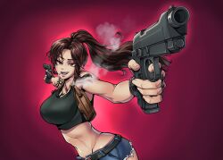 belt big_breasts black_clothing black_lagoon breasts brown_hair cigarette female fingerless_gloves gun gun_holster light-skinned_female light_skin ponytail red_hair revy shorts smile smiling smoke smoking solo solo_female tank_top tattoo thotlerrr treartz weapon