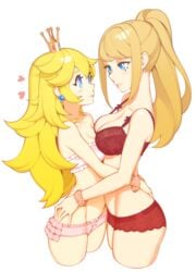 2girls ass big_breasts blonde_hair blue_eyes blush bra breasts cleavage clothing crossover crown digital_media_(artwork) earrings eye_contact female female_focus female_only halphelt heart hug large_breasts light_skin lingerie long_hair long_ponytail looking_at_another looking_at_each_other looking_at_partner mario_(series) medium_breasts metroid multiple_girls nintendo panties pink_bra pink_lingerie pink_panties ponytail princess_peach red_bra red_lingerie red_panties samus_aran scrunchie simple_background standing thighs tied_hair underwear underwear_only white_background yuri