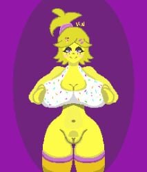 animatronic anthro avian big_breasts bird blonde_hair breasts chica_(cally3d) chica_(fnaf) chiku clothing digital_media_(artwork) female five_nights_at_freddy&#039;s food fredina&#039;s_nightclub hair hi_res humanoid legwear machine pixel_(artwork) pizza robot scottgames solo thick_thighs violetnuts wide_hips yellow_body