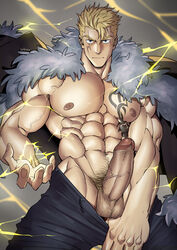 blonde_hair breast_tattoo coat coat_cape electricity fairy_tail gay laxus_dreyar lightning magic male male_only muscles muscular muscular_male pants_down scar shirtless stern suyohara tagme tattoo vein veins veiny_penis