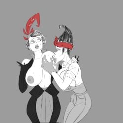 2girls areolae breast breast_grab breasts_out charlie_(don't_starve) clothing curvy diklonius dont_starve dont_starve_together female huge_breasts incest mature_female nipples sketch sucking_nipples voluptuous wide_hips winona_(don't_starve_together)