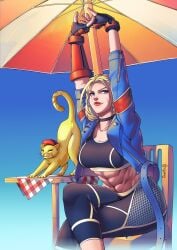 1girls abs beach_umbrella black_clothing blonde_female blonde_hair blue_clothing blue_eyes breasts cammy_white choker feline female female_focus female_only fingerless_gloves fully_clothed jacket light-skinned_female light_skin midriff painted_fingernails painted_nails short_hair smile smiling solo street_fighter street_fighter_6 stretching thotlerrr toned toned_body toned_female toned_stomach treartz