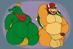 anthro ass backsack balls belly big_balls big_butt big_pecs big_penis bowser bowser_day bracelet brown_eyes cape clothing collar crocodilian crown donkey_kong_(series) duo erection fat fat_ass fat_belly genitals gold_balls hair hand_behind_head hand_on_hip headgear hi_res jewelry k_rool koopa kremling looking_at_butt looking_back male male/male mario_(series) mostly_nude muscular nintendo obese obese_anthro obese_male open_mouth overweight overweight_anthro overweight_male pecs penis presenting presenting_hindquarters presenting_penis raised_tail red_eyes red_hair reptile scalie shell spiked_shell spiked_tail spikes spikes_(anatomy) tail teeth thick_thighs tongue waniiime