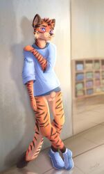 absurd_res animal_genitalia arssyarts balls blue_clothing bottomless clothed clothing ear_piercing felid footwear fur genitals hi_res looking_back male mammal modest orange_body orange_fur pantherine pantsless partially_clothed piercing purple_eyes sheath shoes sneakers solo stripes_fur tiger