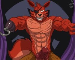 5:4 abs animal_genitalia animal_penis animatronic anthro biceps big_muscles bottomwear canid canine canine_penis clothed clothing erection eye_patch eyewear fangs five_nights_at_freddy's fox foxy_(fnaf) fur glenskunk grin hi_res hook hook_hand knot machine male male_only mammal muscular open_pants pants pecs penis pirate presenting red_fur robot smile solo teeth topless vein veiny_penis video_games