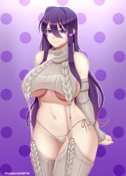 1girls artist_name big_breasts curvy detached_sleeves doki_doki_literature_club female female_only hair_ornament large_breasts long_hair looking_at_viewer morbite navel purple_eyes purple_hair side-tie_panties standing underboob virgin_destroyer_sweater yuri_(doki_doki_literature_club)