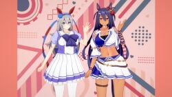 2girls 3d animal_ears belly_button black_hair blue_eyes dark-skinned_female exposed_torso hair_ornament hair_ribbon hairband hishi_amazon_(umamusume) horse_girl huge_breasts koikatsu mike_oxlong red_eyes school_uniform silver_hair skirt tamamo_cross_(umamusume) umamusume