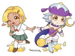 2girls :d angol_mois blonde_hair brown_eyes chibi cute dark-skinned_female dark_skin gyaru hair_ornament hairclip keroro_gunsou multiple_girls ribbon school_uniform short_hair