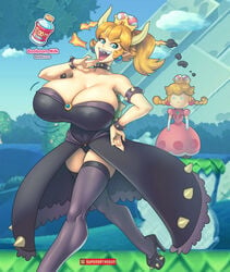 2girls booboom_milk bowsette breast_expansion breasts busty cleavage crown dress fangs female female_only genderswap genderswap_(mtf) horns huge_breasts mario_(series) new_super_mario_bros._u_deluxe nintendo peachette rule_63 smile spiked_armlet spiked_bracelet spiked_dress spiked_heels spiked_shell super_crown supersatanson thighhighs toadette voluptuous