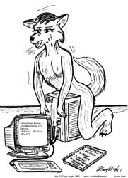 1997 anthro black_and_white bodily_fluids canid canine claws computer computer_monitor computer_tower crt_monitor dated electronics english_text fur hair hindpaw humping_object ibm interspecies keyboard male male_only mammal mayfurr_(artist) monochrome no_color notebook nude object_penetrated objectophilia objectphilia objectum open_mouth paws pen_(artwork) signature simple_background solo sweat tail text toe_claws tongue traditional_media_(artwork) white_background