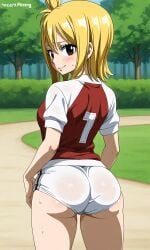 1girls ai_generated ass blonde_hair blush clothed fairy_tail gym_uniform lucy_heartfilia park short_hair smile