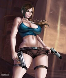 1girls artist_logo big_breasts blue_topwear breasts brown_hair brown_shorts cleavage colt_1911 detailed_background female female_only flowerxl green_eyes lara_croft lara_croft_(l.a.u.) large_breasts looking_at_viewer only_female pale-skinned_female pink_lipstick pinup pistol solo tomb_raider video_games weapon_in_hand wide_hips