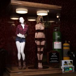 3d becca_woolett blonde_hair bondage bound bound_arms bound_legs daisy_dukes denim_shorts mannequin oldmanjaay resident_evil resident_evil_resistance trophy_case