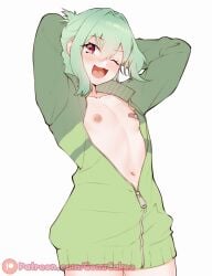 arms_up bandage bandaid belly belly_button femboy gomi-cake green_hair jacket jacket_only jacket_open male male_chest male_only nipples otokonoko otori-tan oversized_clothes pale_skin seitokai_nimo_anawa_aru! tummy wink winking_at_viewer