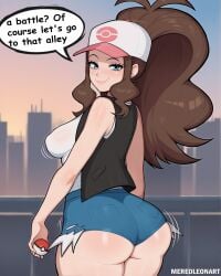 1girls ass blue_eyes booty_shorts breasts brown_hair dat_ass female game_freak hi_res hilda_(pokemon) huge_ass inviting_to_sex light-skinned_female light_skin long_hair mereoleonart nintendo pokemon pokemon_bw short_shorts shorts thick_thighs