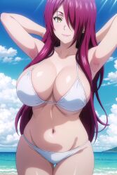 1girls ai_generated arisato_yu beach big_breasts bikini blush female female_only kobayashi_rindou red_hair shokugeki_no_souma white_bikini