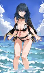 1girls beach bikini black_bikini black_swimsuit blue_eyes blue_hair breasts byleth_(fire_emblem) byleth_(fire_emblem)_(female) byleth_(summer)_(fire_emblem)_(female) cape choker cleavage cloud female fire_emblem fire_emblem:_three_houses fire_emblem_heroes in_water large_breasts long_hair looking_at_viewer midriff navel nintendo ocean official_alternate_costume oliver_koito outside sky smile solo swimsuit teal_hair water