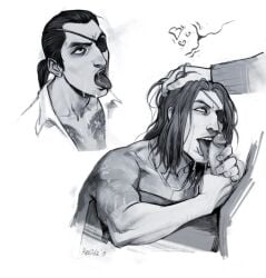 arm_muscles blowjob cum_in_mouth cum_on_face eyepatch facial gay gay_blowjob hair_down hand_in_hair hand_on_penis like_a_dragon_(series) long_hair_male looking_at_partner majima_goro male/male male_only muscular_male oral penis_lick ponytail rgg_studio ryuu_ga_gotoku tattoo tattoo_on_back tattoo_on_chest tongue_out unknown_male yakuza_(series)