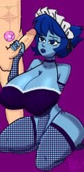 1female 1male big_breasts blue_body blue_hair cartoon_network cock fishnets gem_(species) handjob kneeling lapis_lazuli_(steven_universe) maid maid_headdress masturbation short_hair steven_quartz_universe steven_universe tonagyart