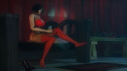 1girls 2019 3d big_breasts black_hair blizzard_entertainment blue_eyes bra breasts female female_only high_heels human human_rogue latex_stockings legs legwear open_toe_shoes red_underwear rogue_(warcraft) sitting stockings thong underwear vanessa_vancleef warcraft world_of_warcraft zentaeron