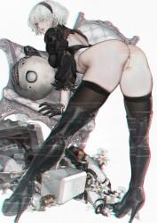 2d aoin ass ass_focus black_footwear black_gloves black_hairband black_thighhighs blue_eyes boots breasts clothing_cutout female gloves hair_between_eyes hairband leotard long_legs nier:_automata nier_(series) parted_lips short_hair solo white_hair yorha_2b