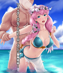 1boy arms_held_back bangs bikini blue_bikini blue_eyes blue_sky breasts cleavage cloud collarbone covered_nipples cowboy_shot day deep_rising doggy_style earrings female fire_emblem fire_emblem_heroes floating_hair flower gunnthra_(fire_emblem) gunnthra_(summer)_(fire_emblem) hair_flower hair_ornament head_wreath jewelry large_breasts long_hair navel ocean open_mouth outdoors pink_hair prison_guard_position sarong sex shiny shiny_hair sky standing standing_sex sunlight swimsuit thor_(deep_rising) torn_clothes very_long_hair wading white_flower wrist_grab