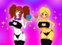 2girls baby_(fnafsl) blackfox6409 blue_eyes breasts cat_bikini chica_(fnaf) chica_(fnia) circus_baby circus_baby_(fnaf) circus_baby_(fnia) cupcake female female_only five_nights_at_freddy's five_nights_in_anime fnia green_eyes looking_at_viewer red_hair stockings white_body white_skin yellow_body yellow_hair yellow_skin