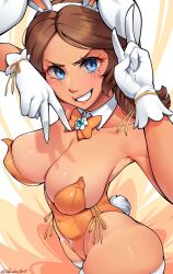 1girls ass big_ass big_breasts blue_eyes breasts brown_hair bunny_ears bunnysuit covered_nipples dracksart female female_only fit_female freckles hi_res long_hair looking_at_viewer mario_(series) peace_sign pose posing princess_daisy smile smiling solo solo_female standing super_mario_bros. thick_thighs voluptuous voluptuous_female