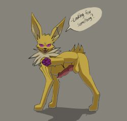 animal_genitalia animal_penis backsack balls bodily_fluids canid canine canine_genitalia canine_penis cocky ear_piercing eeveelution feral generation_1_pokemon genital_fluids genitals hi_res industrial_piercing jolteon knot knotted_penis looking_at_viewer looking_back looking_back_at_viewer male mammal motion_lines nintendo paws penis piercing pokemon pokemon_(species) precum presenting presenting_balls presenting_penis raised_paw smile solo speech_bubble teeth witseoc