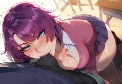 ai_generated blue_eyes bulge bulge_through_clothing eye_contact ignisai licking_bulge monogatari_(series) purple_hair seductive senjougahara_hitagi sucking_bulge tagme teasing thiccwithaq_(ai_style)