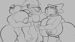 absurd_res big_breasts big_penis birdo breasts fan_character female genitals greyscale hi_res huge_breasts huge_cock in_front kopy_k_(artist) looking_at_male male mario_bros monochrome nintendo penis pleased presenting pussy vulva yoshi