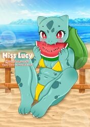 anthro anthrofied beach beach_background bikini bikini_bottom bikini_top bulbasaur clip_studio_paint_(artwork) clothing digital_media_(artwork) eating eating_food eating_fruit eating_watermelon female food fruit generation_1_pokemon holding holding_food holding_fruit holding_object holding_watermelon melon misslulumochi nintendo panties plant pokemon pokemon_(species) pokemorph solo summer swimwear two-piece_swimsuit underwear watermelon watermelon_slice