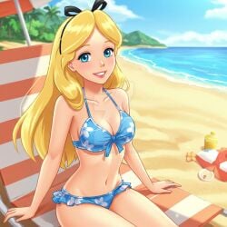 2025 ai_generated alice_(disney) alice_in_wonderland_(1951_film) beach_background belly black_hair_tie blonde_eyebrows blonde_hair_female blue_bikini blue_eyes_female deviantart female flower_bikini hands_on_chair long_hair_female looking_at_viewer meta red_cheeks red_lipstick sitting_on_chair smile_at_viewer smiling_at_viewer tummy unknown_artist walt_disney_animation_studios walt_disney_pictures