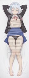 1girls ai_generated arms_up blue_eyes blush breasts clothed dakimakura date_a_live female full_body hi_res high_resolution highres lying lying_on_back naughty_face nipples panties patreon school_uniform sleeplessnighty solo solo_focus tagme tobiichi_origami watermark white_hair
