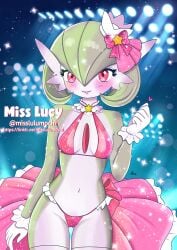 bikini bikini_bottom bikini_thong bikini_top bow_ribbon clothing dancer_outfit female female_focus female_only frills_(collaris) furaffinity_link gardevoir generation_3_pokemon humanoid humanoid_female humanoid_only idol_(disambiguation) japan misslulumochi nintendo not_furry pokemon pokemon_(species) poking ribbons solo solo_female stage_lights star swimwear two-piece_swimsuit