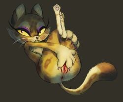 2024 3_toes 4_fingers anthro anus ass brown_background brown_nose brown_spots brown_tail_tip cheek_tuft chest_tuft clawroline claws colored digital_drawing_(artwork) digital_media_(artwork) dipstick_tail english_description eyelashes eyeshadow facial_tuft feet felid female female_anthro finger_claws fingers fur genitals kirby_(series) leopard light lighting long_eyelashes long_tail lying makeup mammal markings multicolored_body multicolored_fur multicolored_tail nintendo nude nude_anthro nude_female on_back pantherine pawpads pink_claws pink_pawpads presenting presenting_vulva purple_eyeshadow red_eyes shaded simple_background solo spots spotted_body spotted_fur spotted_markings spotted_tail spread_vulva spreading tail tail_markings tan_body tan_fur tan_inner_ear tan_tail themagicbrew thick_thighs toes tuft vulva whiskers wide_hips yellow_body yellow_fur yellow_sclera