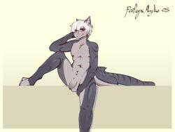 absurd_res anthro balls digital_media_(artwork) fish fur genitals grey_body hair hi_res jam_(perhapsmaybe05) male mammal marine nipples nude nude_anthro penis perhapsmaybe05 shark shark_tail signature simple_background smile solo tail white_hair