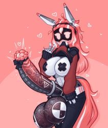 1futa balls big_breasts breasts clothed clothing erection futa_only futanari horse_girl horsecock huge_balls huge_cock humanoid limebreaker massive_penis nude partially_clothed pasties penis precum red_hair robot_girl screen_face solo standing tape veiny_balls wide_hips