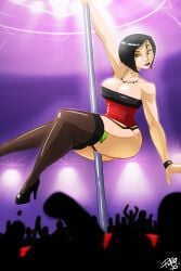 1girls ass black_hair black_lipstick bob_cut bracelet breasts chastity_(grand_theft_auto_v) cleavage corset crowd female full_body goth grand_theft_auto_v grey_eyes high_heels indoors large_breasts money necklace red_corset rockstar_games shonuff shonuff44 short_hair solo stripper stripper_pole thighhighs thighs