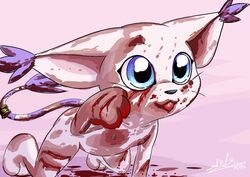 2019 anthro blood blood_on_arm blood_on_face blood_on_hand blood_on_leg blue_eyes bodily_fluids digimon digimon_(species) digital_media_(artwork) fangs felid feline female fur gatomon haiiromon kneeling mammal nipples nude simple_background smile solo tongue tongue_out whiskers white_fur wounded