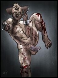 2013 anthro blood_on_chest blood_on_leg body_hair bracelet brown_body brown_fur chest_hair chumbasket cut_(wound) dated ear_piercing ear_ring flaccid front_view fur genitals hair hairy_legs hi_res humanoid_genitalia humanoid_penis hyena jewelry looking_at_viewer male male_anthro mammal mouth_closed nude penis piercing pubes ring_piercing signature solo spiked_bracelet spikes standing tan_body tan_fur tan_hair wounded yellow_eyes