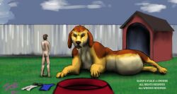 2022 ass belly big_belly bowl brown_body brown_fur canid canine canis clothing colored container discarded_clothing doghouse domestic_dog duo fence feral fur grass human jeri_kleinlowe licking licking_lips looking_at_prey lying macro male male/male mammal micro nude outside pale_skin pet_bowl plant signature sky text tongue tongue_out vore white_text yellow_body yellow_fur