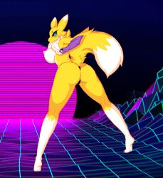 anthro areola armwear ass bandai_namco big_ass breasts bridal_gauntlets canid canine clothed clothing cocaine-leopard digimon digimon_(species) female fluffy fox fur grid hi_res long_legs mammal nipples pose rear_view renamon side_boob solo standing synthwave thong topless underwear yellow_body yellow_fur