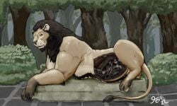 2022 anthro anthro_prey balls belly big_belly black_body black_fur brown_body brown_fur brown_mane colored dated detailed_background duo erection felid feral feral_pred forest forest_background frown fur genitals inside_stomach internal jeri_kleinlowe lion long_tail looking_at_viewer lying male male/male male_prey mammal mane masturbating_prey masturbation mephitid nature nature_background nude nude_feral nude_prey on_front pantherine pedestal penis plant shrub side signature skunk solo tail tail_tuft tan_body tan_fur text tree tuft vore white_text yellow_eyes